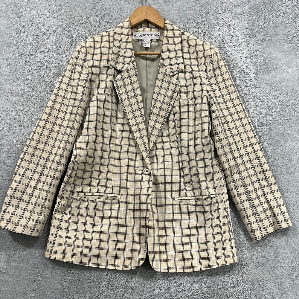 Adolfo Studio Women's Linen Blend Blazer 8 Petite Plaid Office Preppy Career 90s
